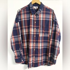 Old Navy XXL Plaid Boyfriend Shirt Navy Peach Button Down Weekend Casual